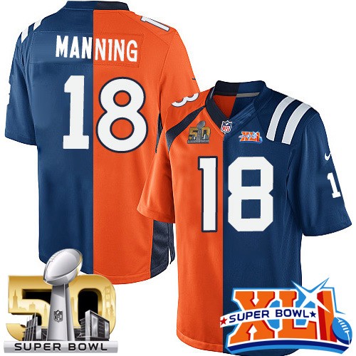 Men's Limited Peyton Manning Super Bowl XLI Nike Jersey Royal Blue/Orange - #18 Super Bowl L Colts/Broncos Split Fashion NFL Indianapolis Colts